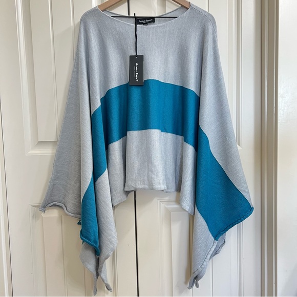Adele Fado Sweaters - Adele Fado Womens Italian Wool Poncho in Gray & Turquoise, One Size NWT